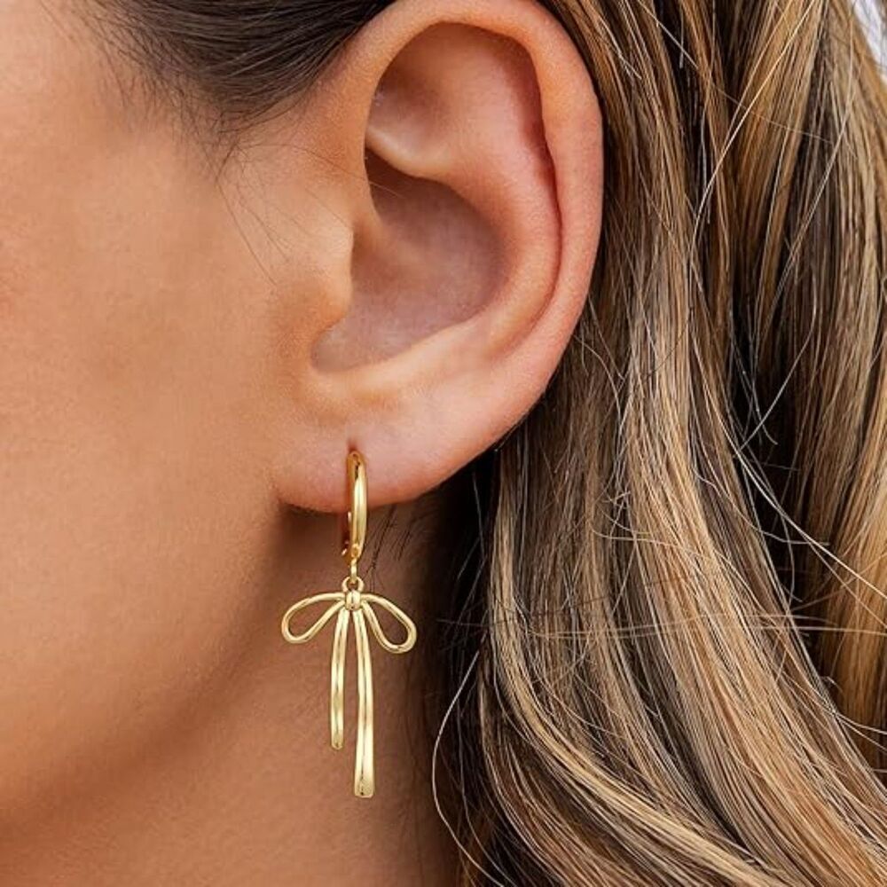 CZ Pearl Drop Gold Bow Earrings For Women Jewelry Huggie Hoop Stud Earrings - Picture 5 of 5